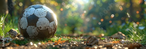 A dirty soccer ball is sitting on the ground in a grassy field