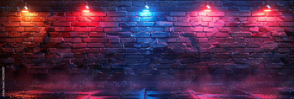 Neon light on brick walls that are not plastered background and texture. Lighting effect red and blue neon background
Neon light on brick walls that are not plastered background and texture. Lighting effect red and blue neon background