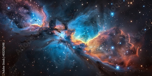 A colorful nebula in space with a blue and orange cloud