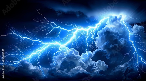 A stormy sky with a bright blue lightning bolt photo