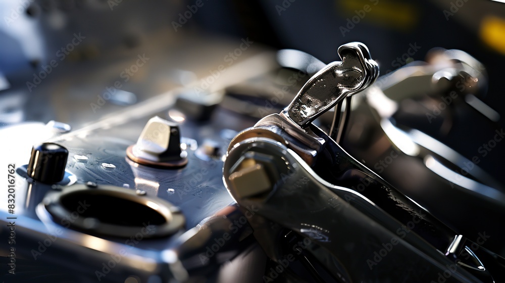 Intricate view of a cockpit's throttle levers, highlighting fingerprints on polished metal, ambient light. Intricate view of a cockpit's throttle levers, highlighting fingerprints on polished metal, ambient light.