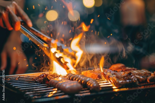 closeup of hands holding tongs and turning meat on the grill photo