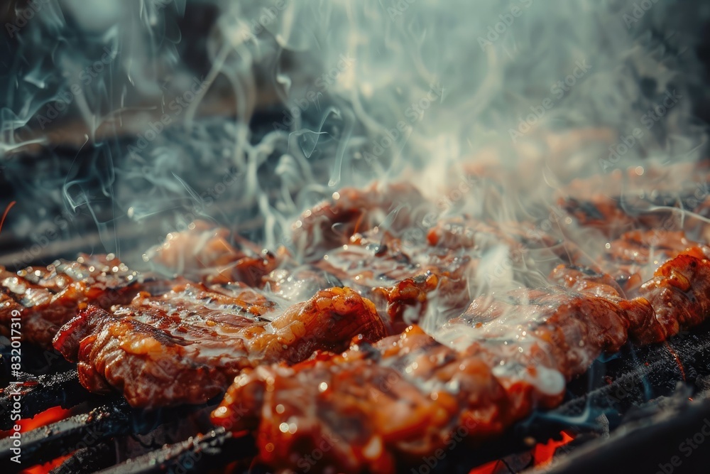 closeup of delicious meat on the grill, smoke rising