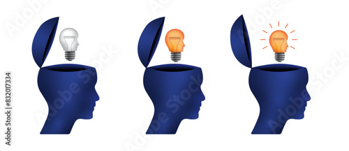 Blue open minded character set with head shape lightbulb. 3d idea concept illustration to use in business, logical thinking, open mind, idea concept projects.
