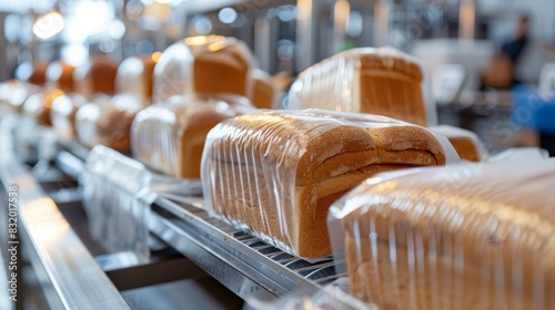 Industrial bread packaging line, close-up, loaves being systematically wrapped and sealed, modern factory environment photo