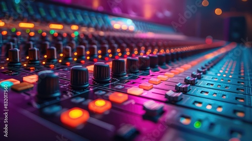 closeup of sound desk with fader night club background