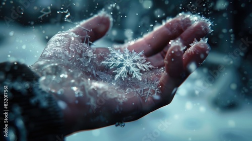 A hand holding snowflake in winter, romantic theme in winter for movies , AI generated for ads