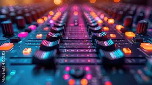 closeup of sound desk with fader night club background photo