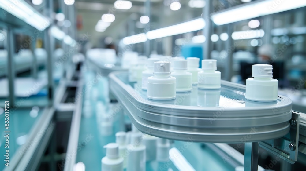 High-tech conveyor belt system in a modern factory, automated packaging of natural skincare products, focus on innovation High-tech conveyor belt system in a modern factory, automated packaging of natural skincare products, focus on innovation