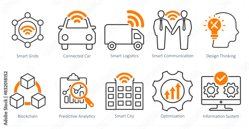 A Set of 10 Industrial icons as smart grids, connected car, smart logistics A Set of 10 Industrial icons as smart grids, connected car, smart logistics