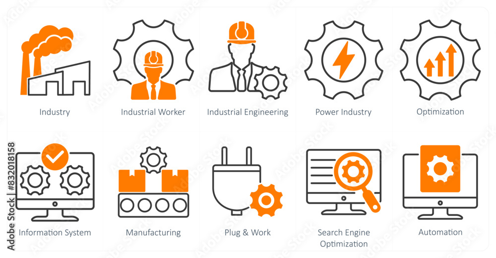 A Set of 10 Industrial icons as industry, industrial worker, industrial engineering A Set of 10 Industrial icons as industry, industrial worker, industrial engineering