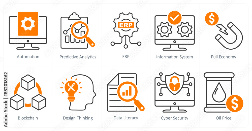 A Set of 10 Industrial icons as automation, predictive analytics, erp A Set of 10 Industrial icons as automation, predictive analytics, erp