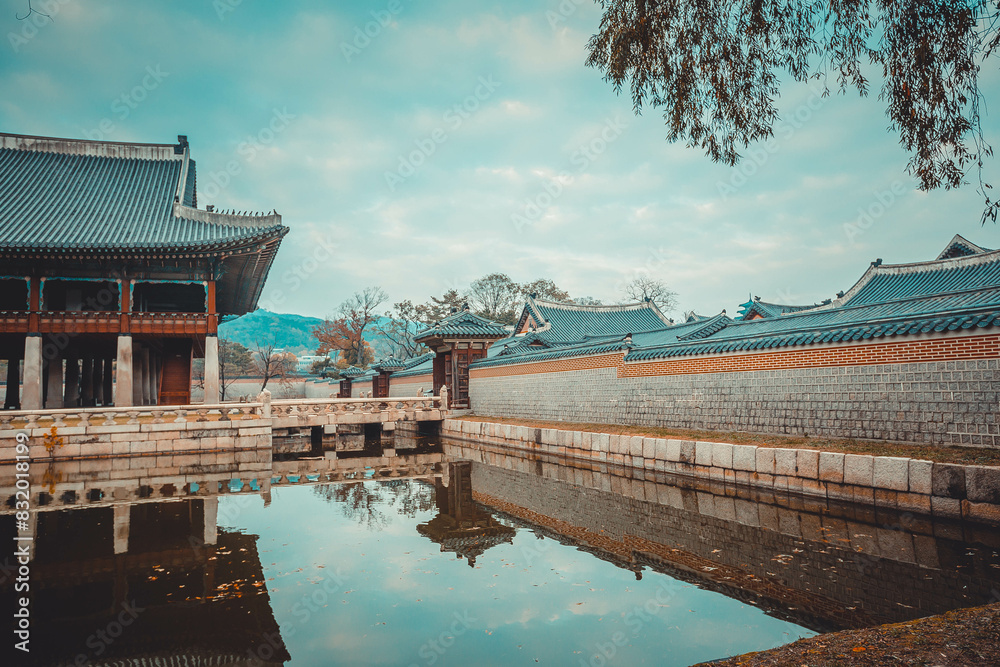 Royal pond in Gyeonbokgung Palace, Seoul, South Korea
