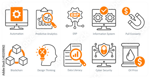 A Set of 10 Industrial icons as automation, predictive analytics, erp