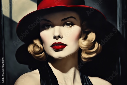 A woman in a red hat and red lipstick is the main subject of the image © Любовь Переславцева