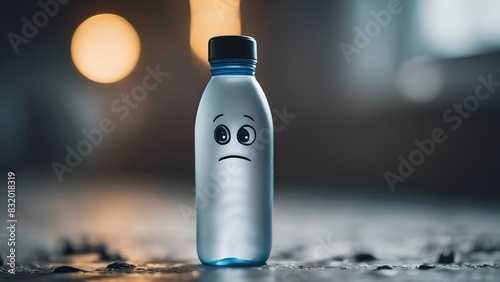 A bottle of water with a sad face drawn on it photo