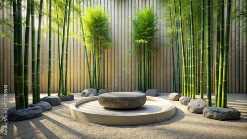 Serene bamboo garden with a central stone pedestal in a peaceful setting.