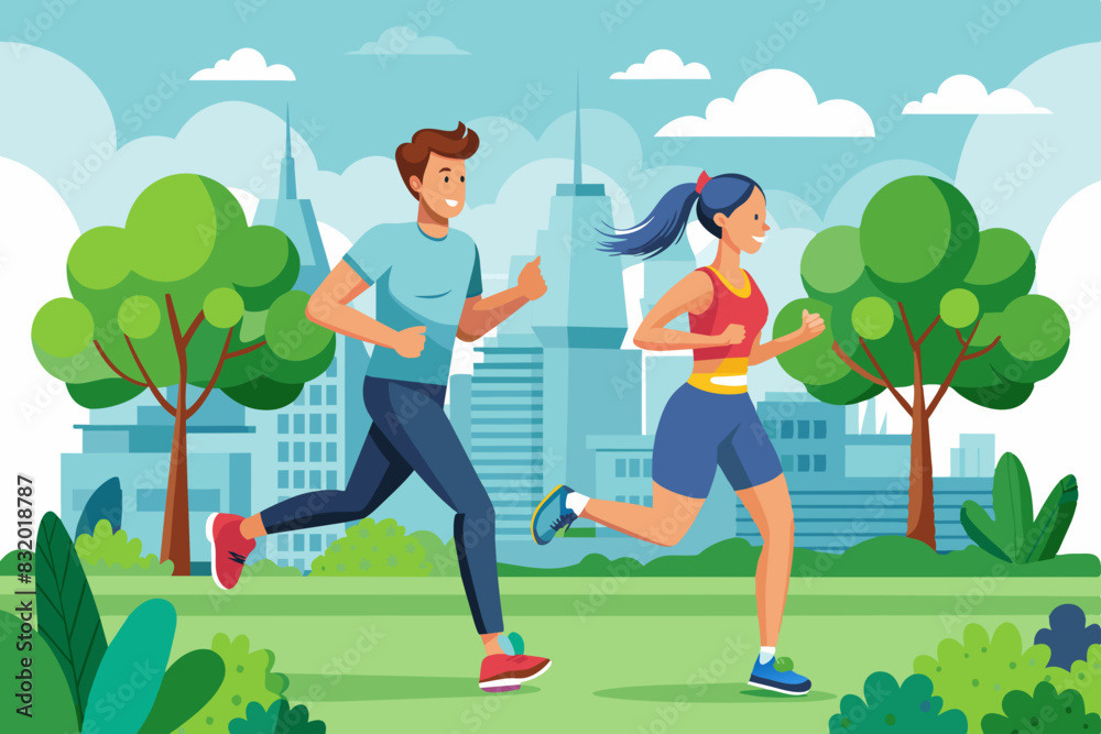Running man and woman in city park, cityscape scenery landscape on background. Vector green trees, jogging family couple cartoon style characters. Adult sportive joggers, cross marathon outdoor Running man and woman in city park, cityscape scenery landscape on background. Vector green trees, jogging family couple cartoon style characters. Adult sportive joggers, cross marathon outdoor
