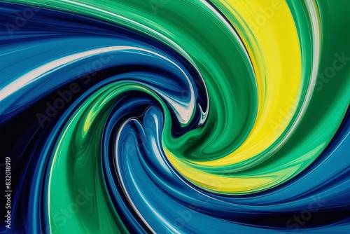 Dynamic color swirls  a vibrant abstract movement  smooth strokes of a paintbrush. Green  blue  yellow color spiral blend.