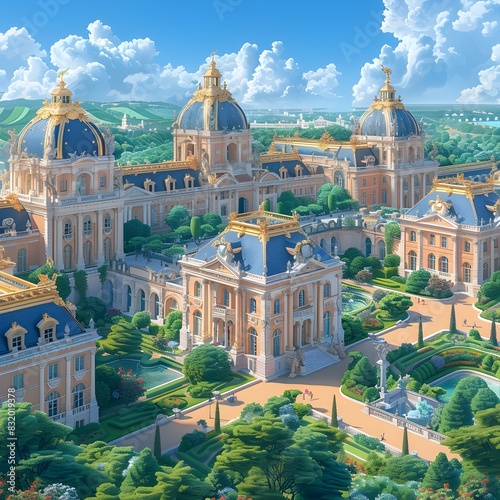 Isometric D Cartoon Depiction of Palace of Versailles with Love for France Theme