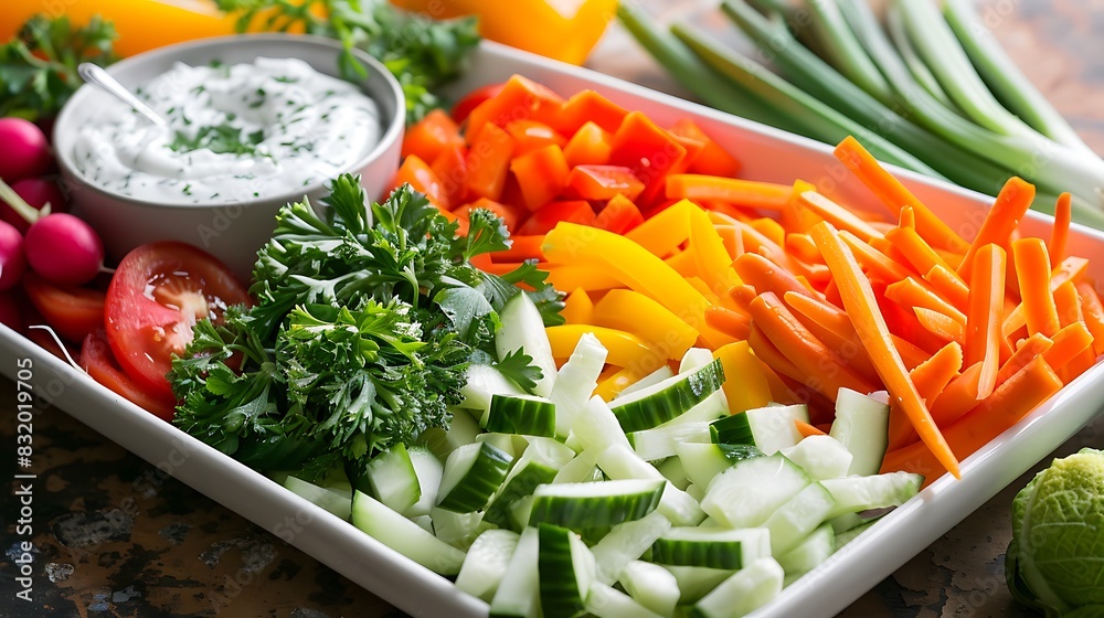 A fresh tray of colourful vegetables with dip A fresh tray of colourful vegetables with dip
