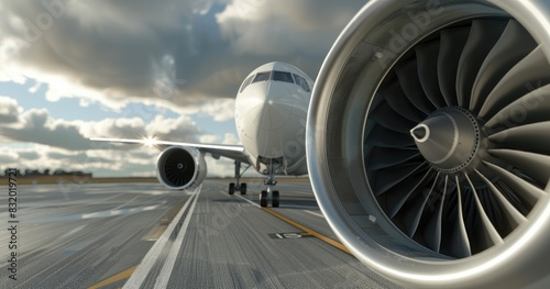 closeup of airplane engine on runway