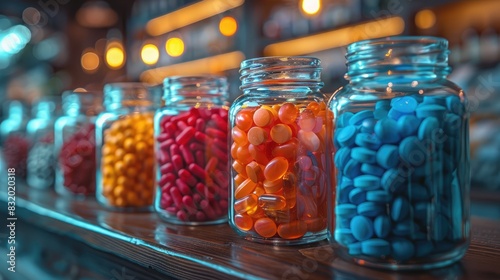 colorful capsules in jar with blurred background