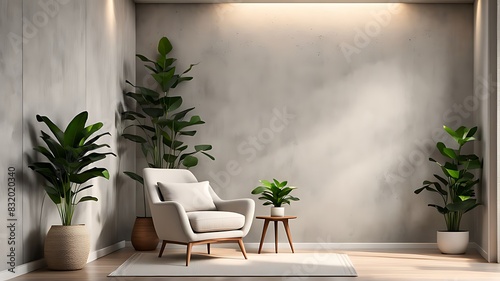 Living Room with Premium Rich Beige Accent Chair and Gray Plaster Stucco Wall. Modern Trend Interior Design for Office or Lounge. Microcement Texture. 3D Render. © Five Million Stocks