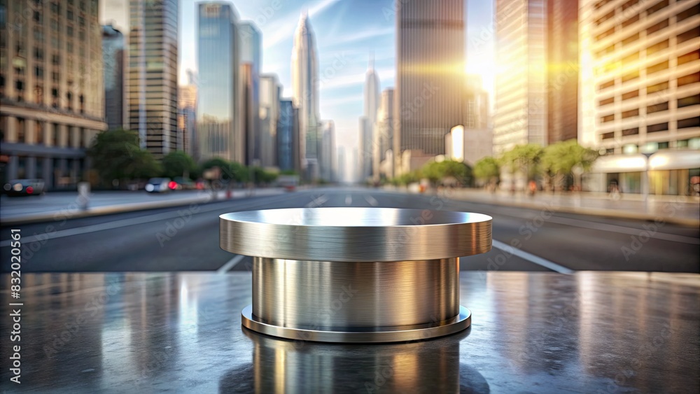 Shiny metal platform in a cityscape with towering buildings and a bright sky. Shiny metal platform in a cityscape with towering buildings and a bright sky.