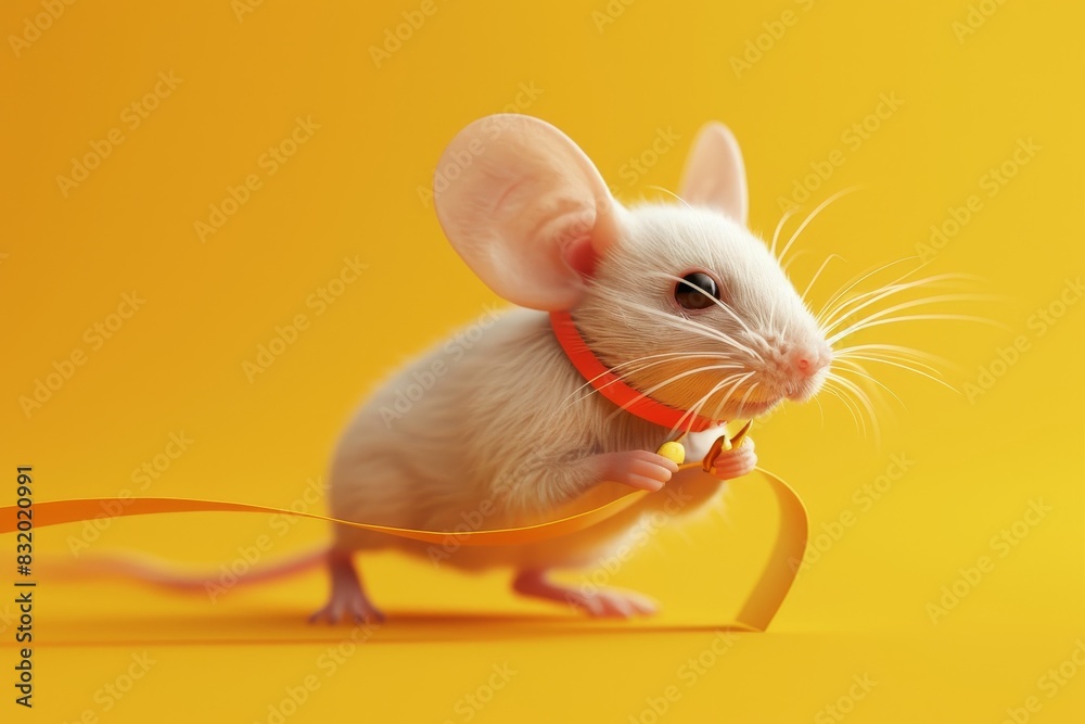 A mouse is holding a yellow ribbon in its mouth