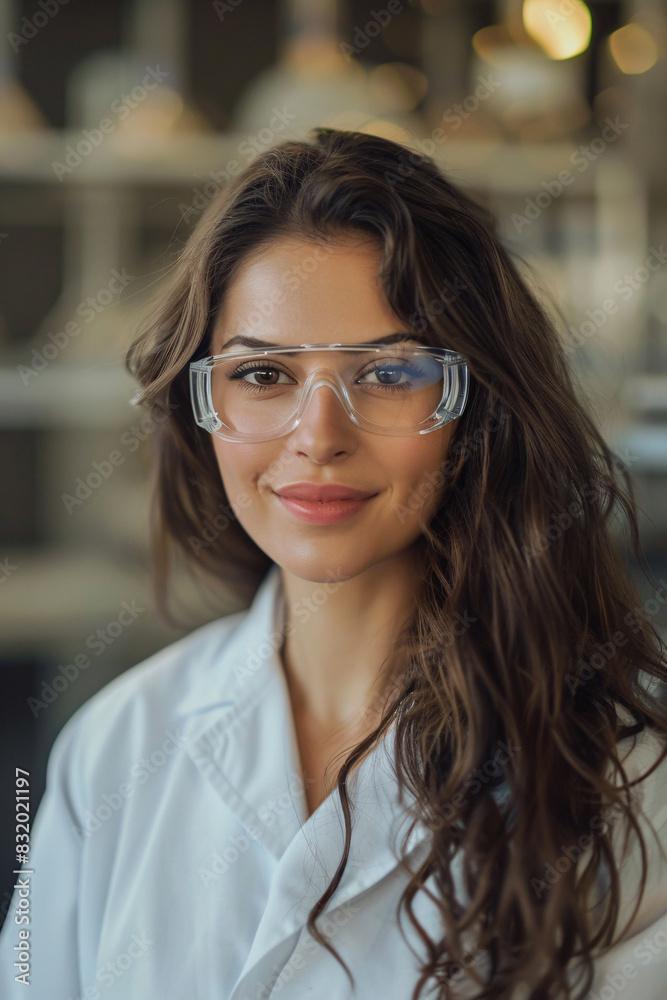 A woman wearing a white lab coat and glasses is smiling A woman wearing a white lab coat and glasses is smiling