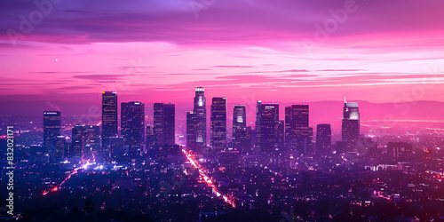 A photo of a magenta sunset over an urban skyline 