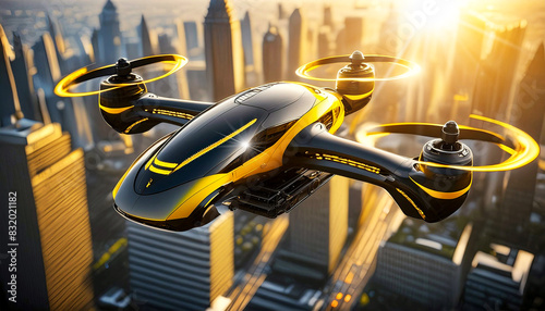 Close-up and aerial view of a black and yellow electric passenger drone plane flying above the city. Sci-fi, futuristic and eco-friendly urban transportation concept. Generative Ai. photo