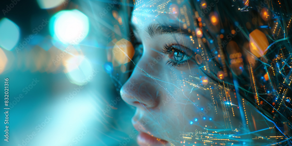 A woman's face is shown in a computer generated image with a blue background A woman's face is shown in a computer generated image with a blue background