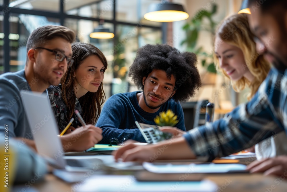 An informal team meeting in a modern office, employees share ideas at the table An informal team meeting in a modern office, employees share ideas at the table