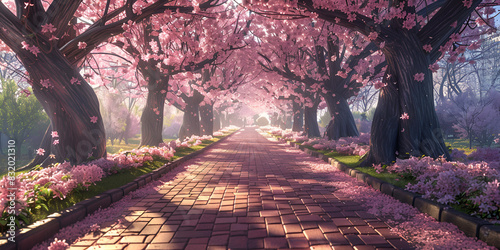 Serene cherry blossom trees lining a peaceful aven
 photo