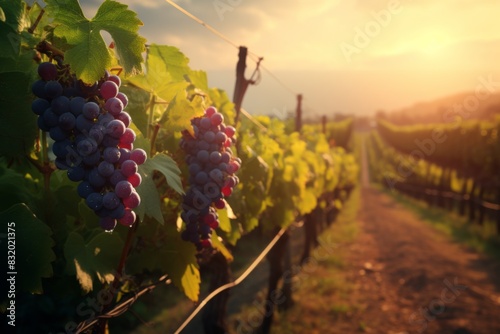 Vineyard on sunset. Close-up of bunches of ripe red wine grapes on the vine under sunlight photo