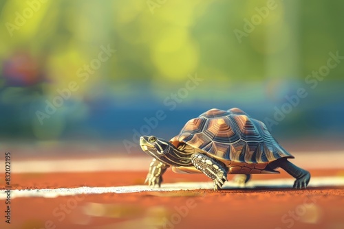 A turtle is walking on a red court photo