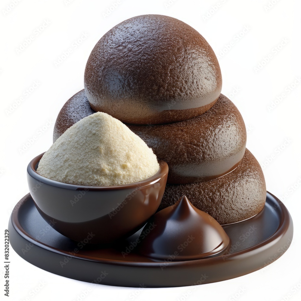 3D Render of a Pile of Rich Dark Cocoa Powder Next to a Scoop of Creamy Vanilla Ice Cream, on isolated white background, Generative AI 3D Render of a Pile of Rich Dark Cocoa Powder Next to a Scoop of Creamy Vanilla Ice Cream, on isolated white background, Generative AI
