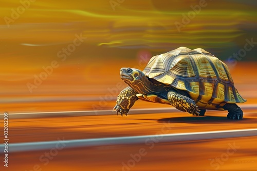 A small turtle is walking on a track photo