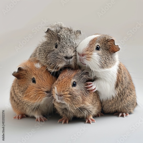 A trio of baby guinea pigs huddled togethe photo