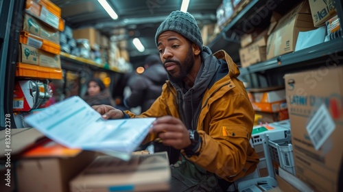 An engaged man in a brown jacket reviews an inventory list in a bustling warehouse  with a co-worker in the background