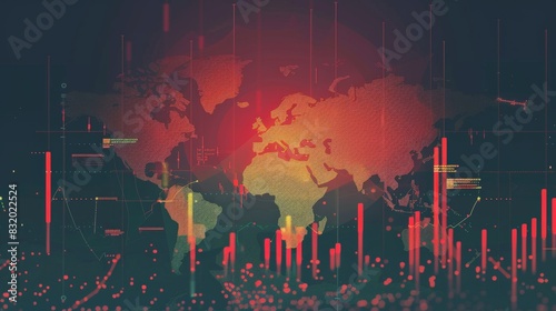 Flat design animation depicting global market collapse, front view, with animated financial data and world map to show worldwide impact photo