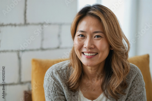 Free Download Asian woman with long brown hair is smiling and sitting on a couch - GFXLoad