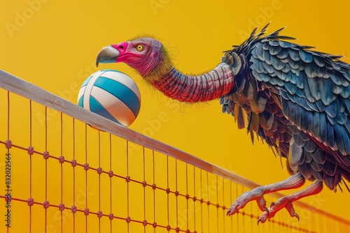 A bird is holding a volleyball on its beak photo