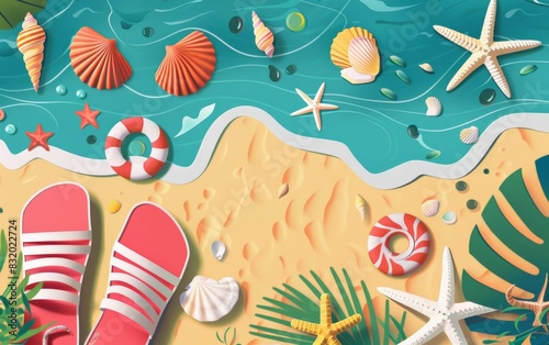 Flat design animation of summer beach activities, focusing on shell collecting from a top view perspective photo