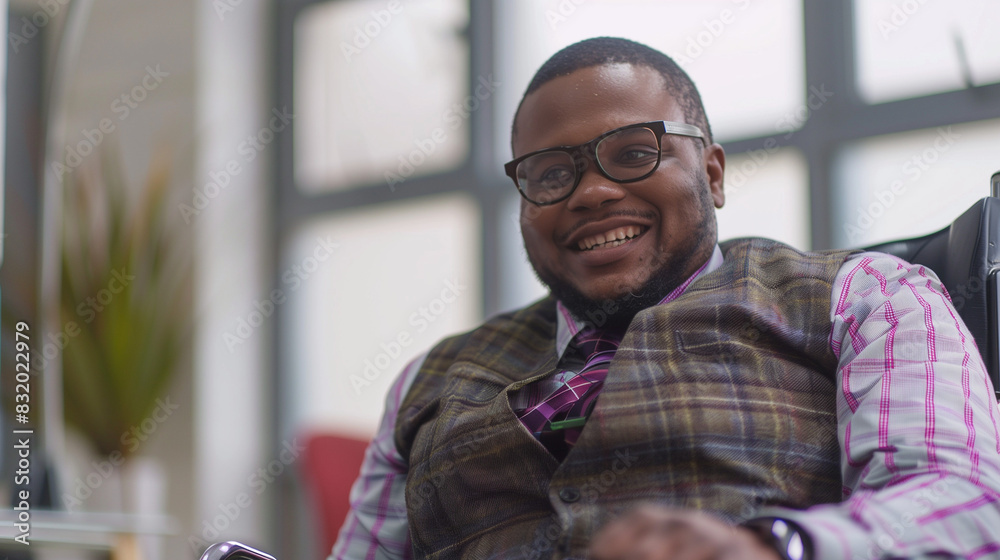 Inclusive image showing a happy smiling black African American disabled office LGBT colleague in a wheelchair Inclusive image showing a happy smiling black African American disabled office LGBT colleague in a wheelchair