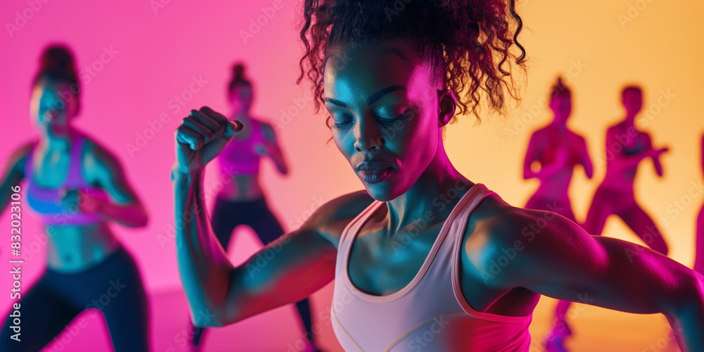 A group of people participate in an energetic workout session with vivid lighting enhancing the dynamic atmosphere A group of people participate in an energetic workout session with vivid lighting enhancing the dynamic atmosphere