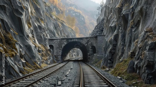 Scenic railway tunnel in a mountainous area, surrounded by rugged cliffs and autumn foliage. Perfect for travel and transportation concepts. photo