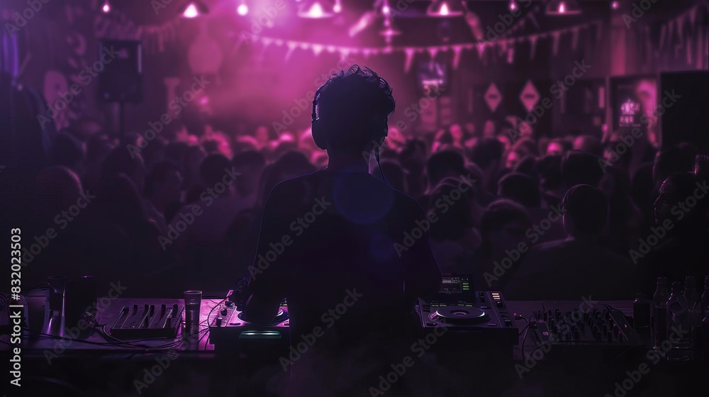 Silhouette of a DJ performing in a vibrant, purple-lit club with a lively crowd enjoying the music on a night out.